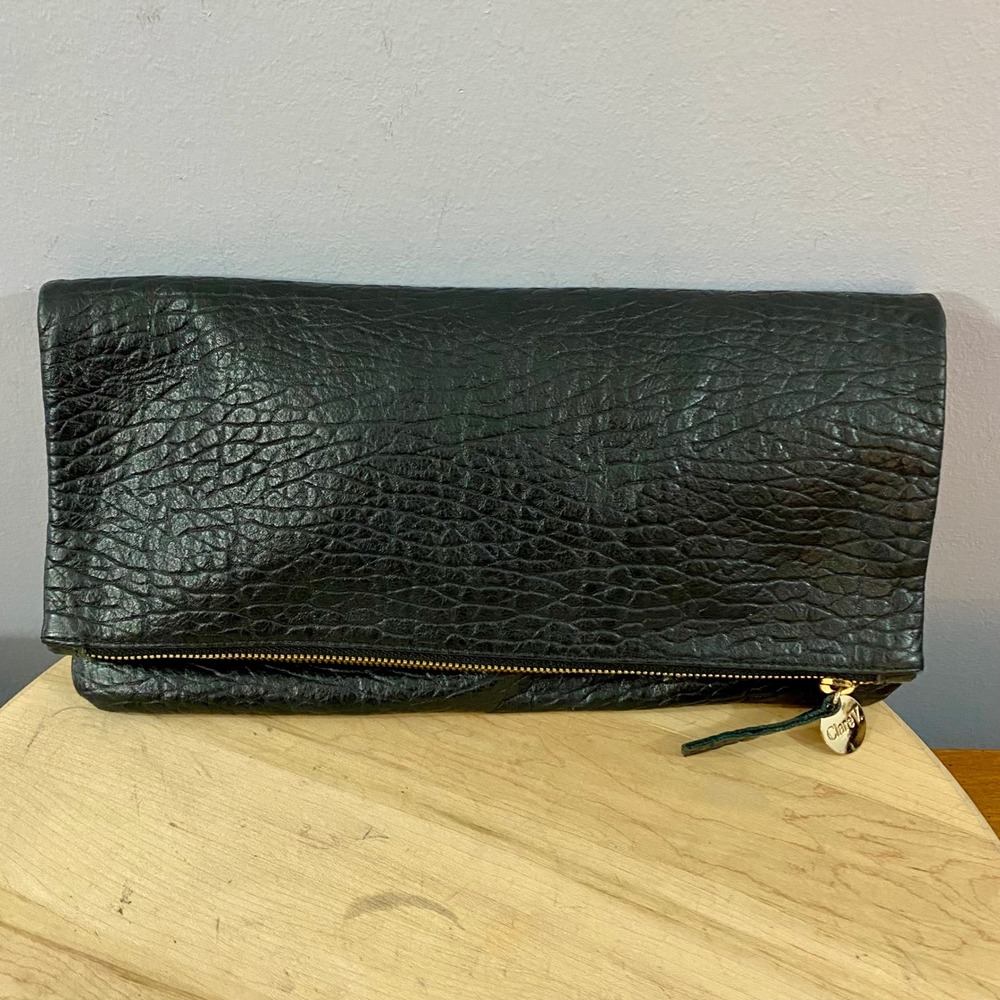 Clare V Black Croc Embossed Leather Foldover Clutch Bag Flat Zip Pouch Classic